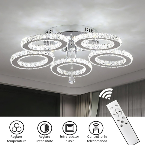 Lustra LED cu telecomanda si cristal ALANUBIS 80W, 5 Cercuri, lumina Rece/Calda/Neutra, Dimabila, Crom Lucios [2]