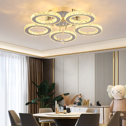 Lustre LED Moderne - Lustra LED cu telecomanda si cristal ALANUBIS 80W, 5 Cercuri, lumina Rece/Calda/Neutra, Dimabila, Crom Lucios
