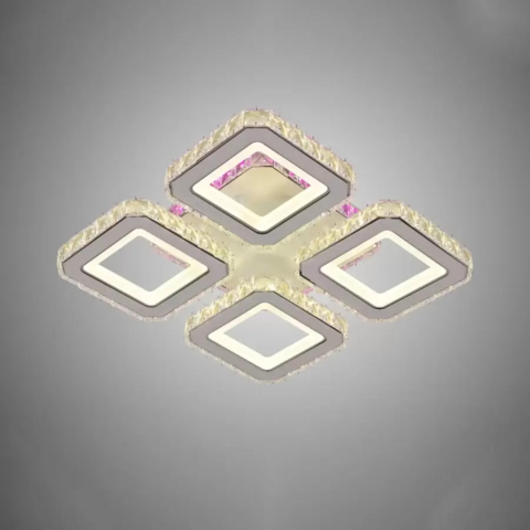 Lustre LED Moderne - Lustra LED cu telecomanda si cristal BLAKELY RGB 74W, 4 Patrate, lumina Rece/Calda/Neutra, Dimabila, Alb