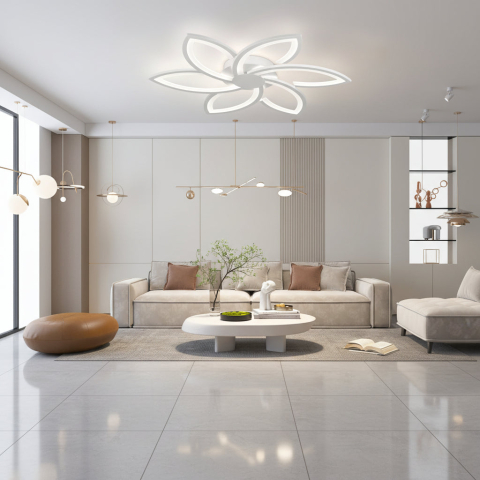 Lustra LED cu telecomanda si cristal FLORA 82W, 6 Petale, lumina Rece/Calda/Neutra, Dimabila, Alb [2]