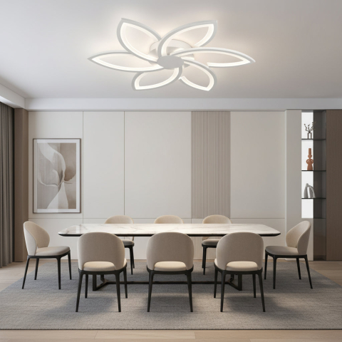Lustra LED cu telecomanda si cristal FLORA 82W, 6 Petale, lumina Rece/Calda/Neutra, Dimabila, Alb [1]