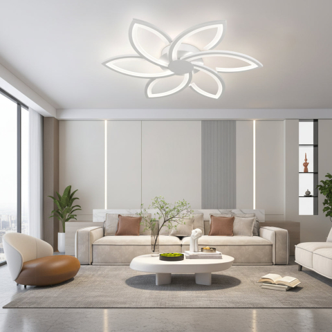 Iluminat Smart Home - Lustra LED cu telecomanda si cristal FLORA 82W, 6 Petale, lumina Rece/Calda/Neutra, Dimabila, Alb