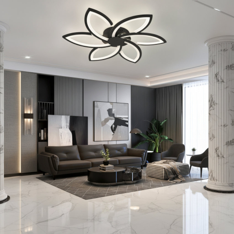 Lustra LED cu telecomanda si cristal FLORA 82W, 6 Petale, lumina Rece/Calda/Neutra, Dimabila, Negru [2]