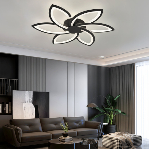 Iluminat Smart Home - Lustra LED cu telecomanda si cristal FLORA 82W, 6 Petale, lumina Rece/Calda/Neutra, Dimabila, Negru