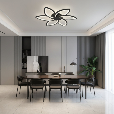 Lustra LED cu telecomanda si cristal FLORA 82W, 6 Petale, lumina Rece/Calda/Neutra, Dimabila, Negru [1]