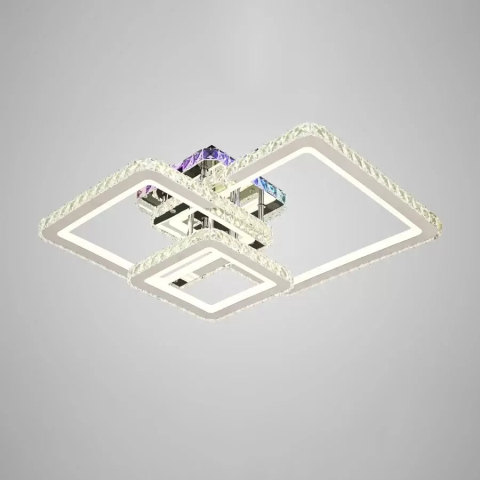 Lampi, Aplice si Corpuri de iluminat Smart - Lustra LED cu telecomanda si cristal JUSTIN RGB 106W, 3 Patrate, lumina Rece/Calda/Neutra, Dimabila, Crom Lucios