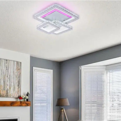 Lustre LED Moderne - Lustra LED cu telecomanda si cristal LEILA 87W, 3 Patrate, lumina Rece/Calda/Neutra, Dimabila, Alb