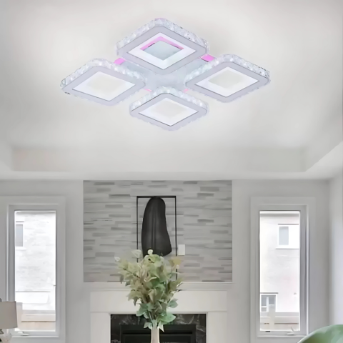 Lampi, Aplice si Corpuri de iluminat Smart - Lustra LED cu telecomanda si cristal LEILA RGB 69W, 4 Patrate, lumina Rece/Calda/Neutra, Dimabila, Alb