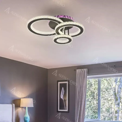 Lampi, Aplice si Corpuri de iluminat Smart - Lustra LED cu telecomanda si cristal LEOCADIA RGB 134W, 3 Cercuri, lumina Rece/Calda/Neutra, Dimabila, Negru