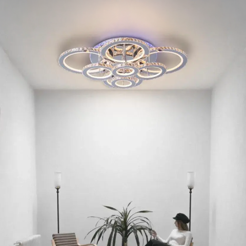 Iluminat Smart Home - Lustra LED cu telecomanda si cristal LIA RGB 182W, 8 Cercuri, lumina Rece/Calda/Neutra, Dimabila, Alb Crom Lucios