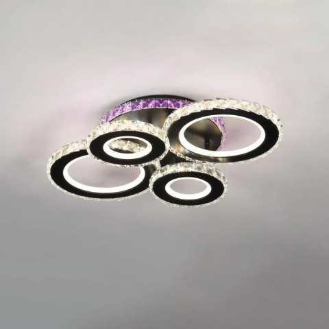Lustre LED Moderne - Lustra LED cu telecomanda si cristal MEILI ZAFINA RGB 136W, 4 Cercuri, lumina Rece/Calda/Neutra, Dimabila, Negru