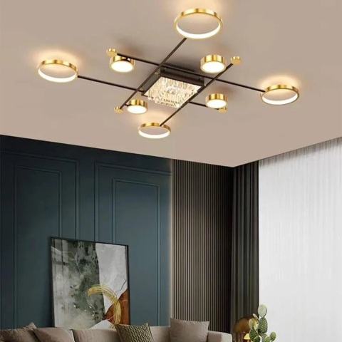 Lustra LED cu telecomanda si cristal MISEL 168W, 9 Elemente, lumina Rece/Calda/Neutra, Dimabila, Negru Auriu [1]