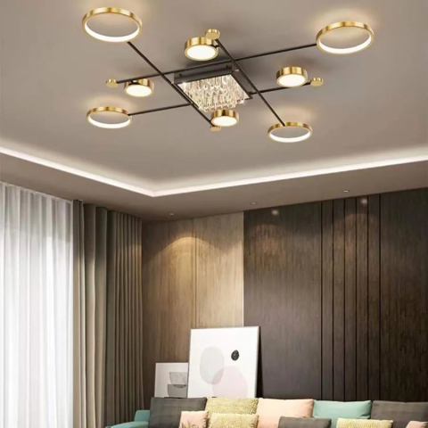 Lustre LED Moderne - Lustra LED cu telecomanda si cristal MISEL 168W, 9 Elemente, lumina Rece/Calda/Neutra, Dimabila, Negru Auriu