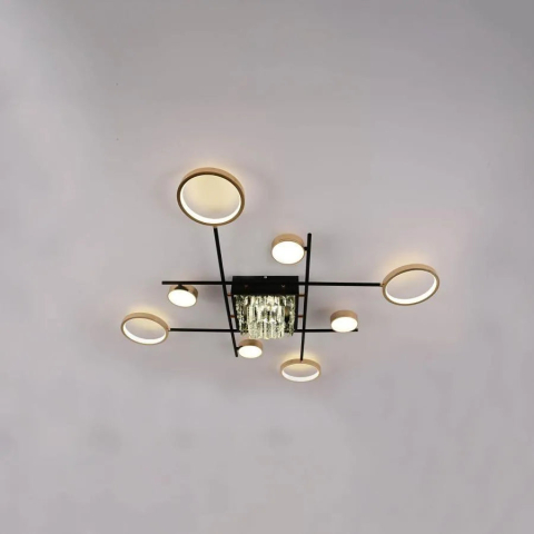 Lustra LED cu telecomanda si cristal MISEL 168W, 9 Elemente, lumina Rece/Calda/Neutra, Dimabila, Negru Auriu [2]