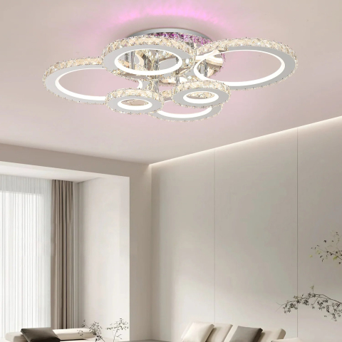 Iluminat Smart Home - Lustra LED cu telecomanda si cristal NOVA ROTONDA RGB 144W, 6 Cercuri, lumina Rece/Calda/Neutra, Dimabila, Crom Lucios