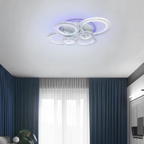 Lustre LED Moderne - Lustra LED cu telecomanda si cristal NOVA ROTONDA RGB 145W, 6 Cercuri, lumina Rece/Calda/Neutra, Dimabila, Alb
