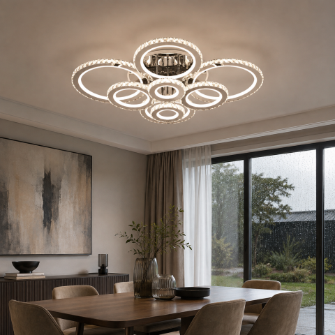 Produse Alessandro - Lustra LED cu telecomanda si cristal NOVA ROTONDA RGB 239W, 8 Cercuri, lumina Rece/Calda/Neutra, Dimabila, Crom Lucios