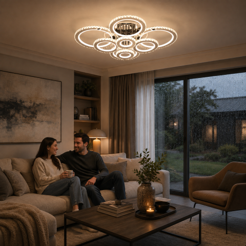 Lustra LED cu telecomanda si cristal NOVA ROTONDA RGB 239W, 8 Cercuri, lumina Rece/Calda/Neutra, Dimabila, Crom Lucios [2]