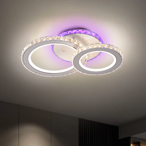 Lustre LED Moderne - Lustra LED cu telecomanda si cristal NOVA ROTONDA RGB 42W, 2 Cercuri, lumina Rece/Calda/Neutra, Dimabila, Alb