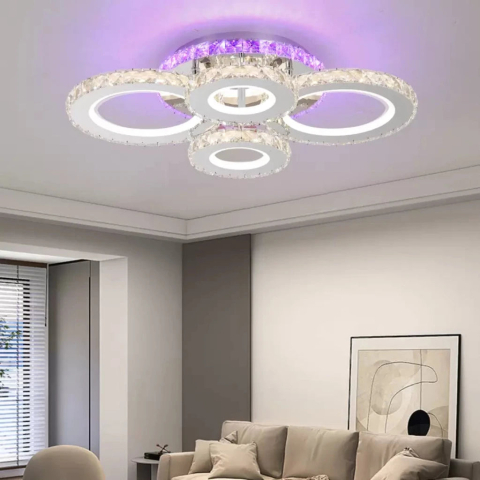 Lustre LED Moderne - Lustra LED cu telecomanda si cristal NOVA ROTONDA RGB 82W, 4 Cercuri, lumina Rece/Calda/Neutra, Dimabila