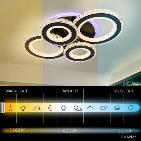 Lustra LED cu telecomanda si cristal NOVA ROTONDA RGB 82W, 4 Cercuri, lumina Rece/Calda/Neutra, Dimabila, Negru [3]