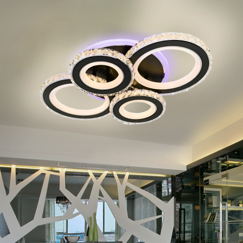 Lustra LED cu telecomanda si cristal NOVA ROTONDA RGB 82W, 4 Cercuri, lumina Rece/Calda/Neutra, Dimabila, Negru [0]