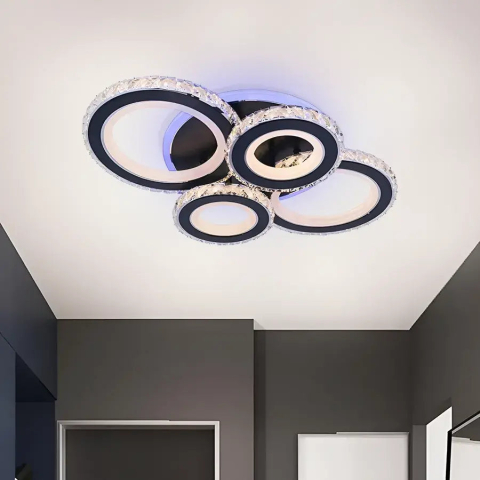 Lustra LED cu telecomanda si cristal NOVA ROTONDA RGB 82W, 4 Cercuri, lumina Rece/Calda/Neutra, Dimabila, Negru [2]