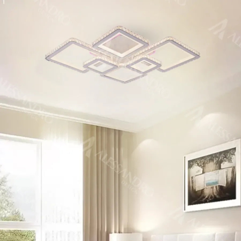 Lampi, Aplice si Corpuri de iluminat Smart - Lustra LED cu telecomanda si cristal QUADRIS RGB 175W, 6 Patrate, Lumina Rece/Calda/Neutra, Dimabila, Alb