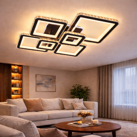 Lampi, Aplice si Corpuri de iluminat Smart - Lustra LED cu telecomanda si cristal QUADRIS RGB 177W, 6 Patrate, lumina Rece/Calda/Neutra 3000K/4000K/6000K, Dimabila, Negru, Metal si Cristal