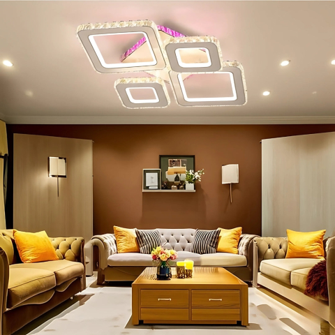 Lustre LED Moderne - Lustra LED cu telecomanda si cristal TERRANO RGB 162W, 4 Patrate, lumina Rece/Calda/Neutra, Dimabila, Alb Crom Lucios