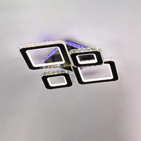 Iluminat Smart Home - Lustra LED cu telecomanda si cristal TERRANO RGB 162W, 4 Patrate, lumina Rece/Calda/Neutra, Dimabila, Negru