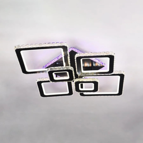 Lustre LED Moderne - Lustra LED cu telecomanda si cristal TERRANO RGB 288W, 6 Patrate, lumina Rece/Calda/Neutra, Dimabila, Negru