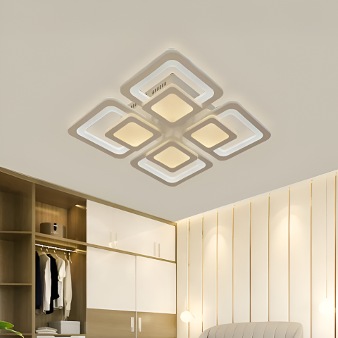 Lampi, Aplice si Corpuri de iluminat Smart - Lustra LED cu telecomanda SUSAN 96W, 4 Patrate, lumina Rece/Calda/Neutra, Dimabila, Alb