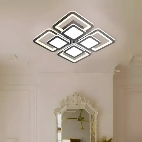 Candelabre LED Cristal Moderne - Lustra LED cu telecomanda SUSAN 96W, 4 Patrate, lumina Rece/Calda/Neutra, Dimabila, Negru