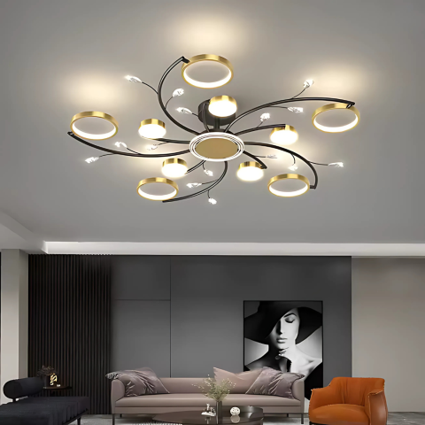 Iluminat Smart Home - Lustra LED cu Telecomnda KARINA, 68W, 10 Elemente, Lumina Calda/Rece/Neutra, Dimabila, Auriu