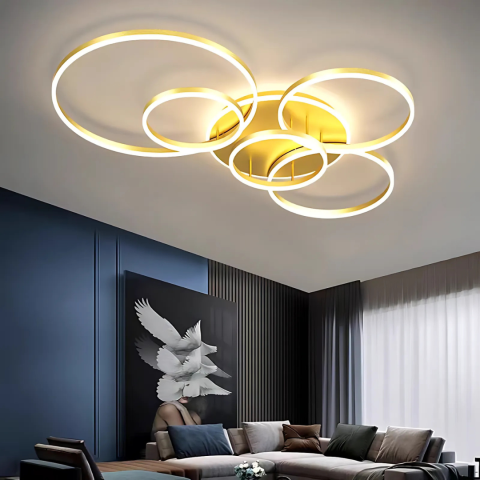 Lustre LED Moderne - Lustra LED cu Telecomnda RINOVA, 5 cercuri, 137W, Lumina Calda/Rece/Neutra, Dimabila, Auriu