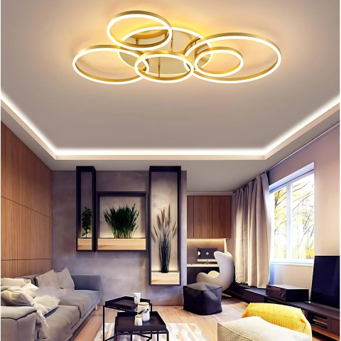 Lustra LED cu Telecomnda RINOVA, 5 cercuri, 137W, Lumina Calda/Rece/Neutra, Dimabila, Auriu [1]