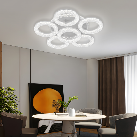 Lustre LED Moderne - Lustra LED FREJA cu Telecomanda, 51cm, 90W, 3000K/4000K/6000K, Dimabil, Alb, Cristale, 6 Cercuri