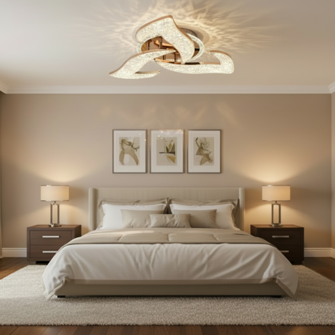 Lustre LED Moderne - Lustra LED HALESA Eleganza cu telecomanda si cristal, 44W, 3 Surse, Lumina Rece/Calda/Neutra, Dimabila, Auriu