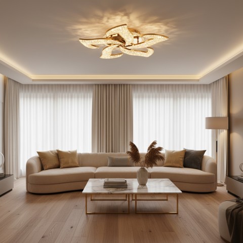 Produse Alessandro - Lustra LED HALESA Magno cu telecomanda si cristal, 66W, 5 Surse, Lumina Rece/Calda/Neutra, Dimabila, Auriu