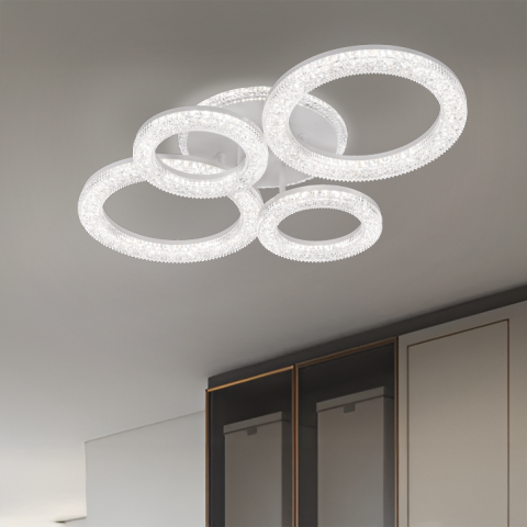 Lustre LED Moderne - Lustra LED Linnea cu Telecomanda, 74W, 3000K/4000K/6000K, Dimabil, Alb, Cristale