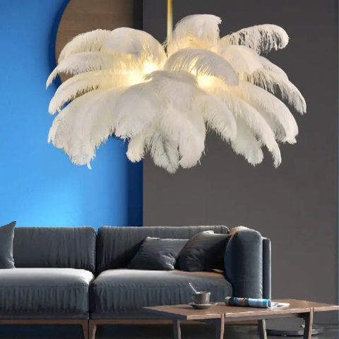 Candelabre LED Cristal Moderne - Lustra LED Minoss, 1xE27, diametru 30cm, , Pene, Alb