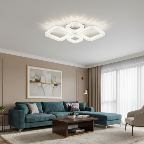 Produse Alessandro - Lustra LED MOND Eleganza cu telecomanda si cristal, 72W, 4 Patrate, Lumina Rece/Calda/Neutra, Dimabila, Alb
