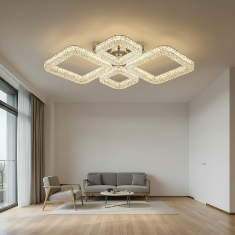 Lustra LED MOND Eleganza cu telecomanda si cristal, 72W, 4 Patrate, Lumina Rece/Calda/Neutra, Dimabila, Alb [2]