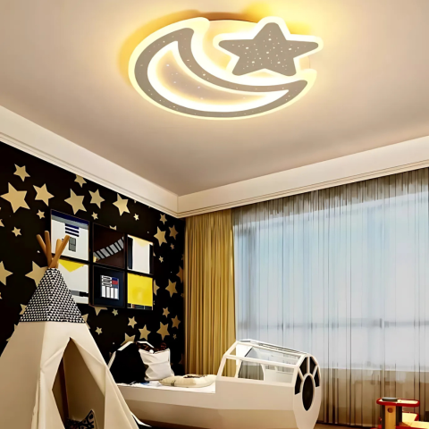 Lustre LED Moderne - Lustra LED Nova cu Telecomanda, 89W, Dimabil, Forma Luna si Stea, Alb