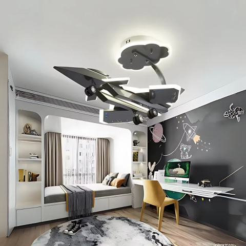 Candelabre LED Cristal Moderne - Lustra LED pentru copii FIGHTER, Tip avion, 100W, Lumina Rece/Calda/Neutra, Gri Aeronautic