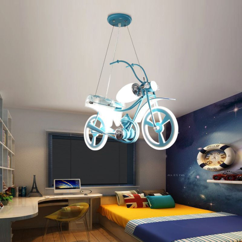 Lampi, Aplice si Corpuri de iluminat Smart - Lustra LED pentru copii MOTO, Tip motocicleta, 40W, Lumina Rece/Calda/Neutra, Albastru Alb