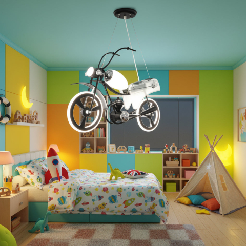 Lampi, Aplice si Corpuri de iluminat Smart - Lustra LED pentru copii MOTO, Tip motocicleta, 40W, Lumina Rece/Calda/Neutra, Negru Alb