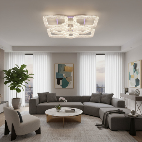 Lustre LED Moderne - Lustra LED RENATO cu telecomanda si cristal, 128W, 8 Patrate, Lumina Rece/Calda/Neutra, Dimabila, Alb