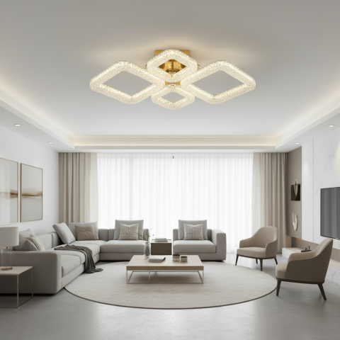 Produse Alessandro - Lustra LED RENATO Eleganza cu telecomanda si cristal, 73W, 4 Patrate, Lumina Rece/Calda/Neutra, Dimabila, Auriu